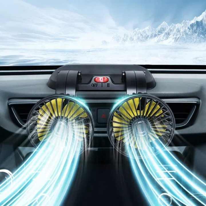 Double Headed Car Fan – 360° Adjustable Dual Head Vehicle Fan with 2 Speeds for Cars & Trucks