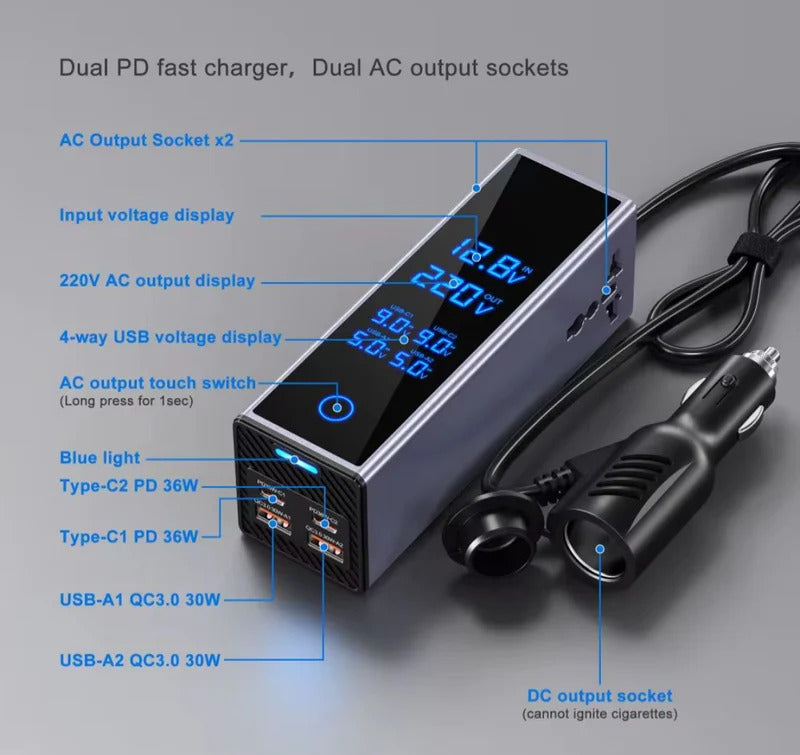 300W Car Power Inverter – 12V to 220V Converter with USB & Type-C PD Charging