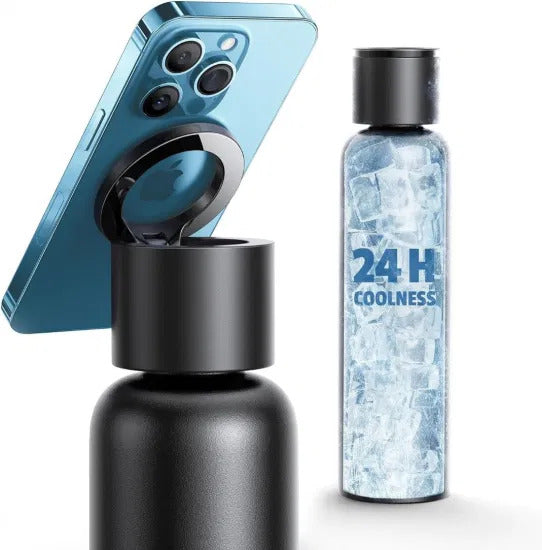 Vacuum Insulated Stainless Steel Water Bottle with Phone Holder Lid – Leakproof Travel Thermos, Hot 12H & Cold 24H